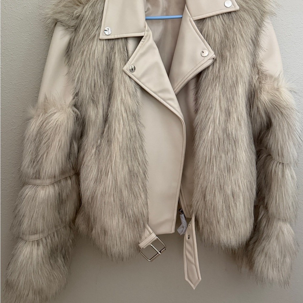 Missguided Cream and Tan Teddy Jacket with Plush Texture Runs big